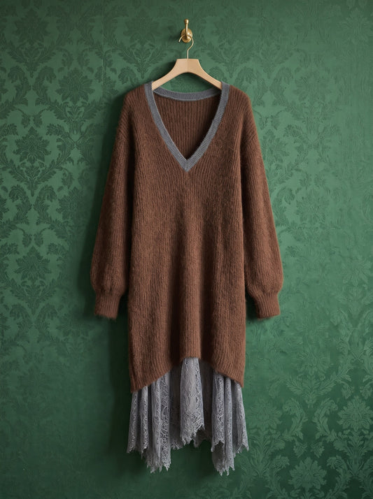 Diletta, abito midi in mohair marrone cioccolato su gruccia