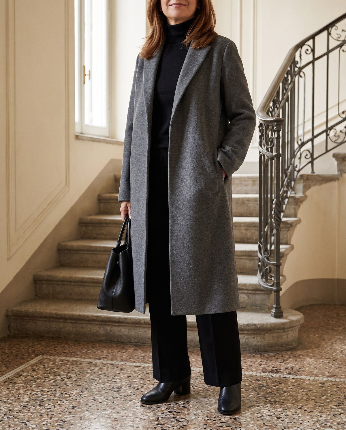 Bice, cappotto grigio sulla scalinata
