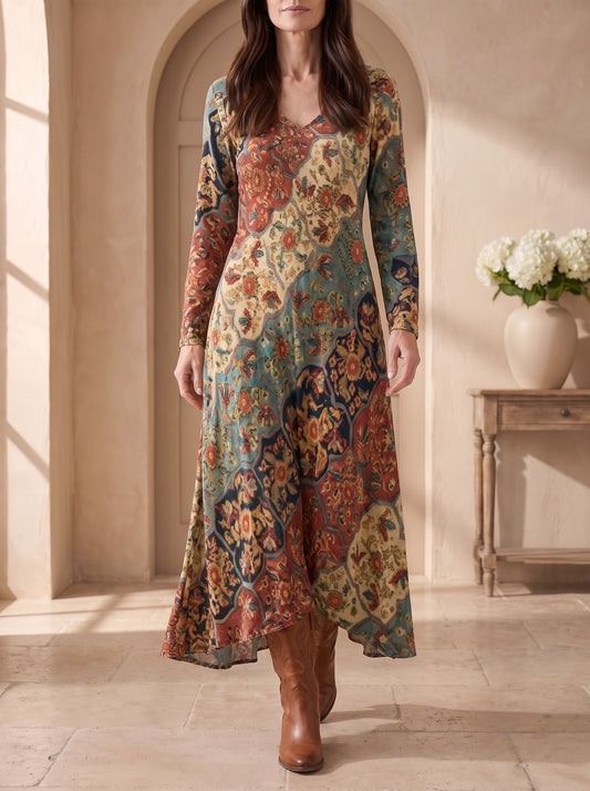 Costanza, abito lungo a fantasia patchwork