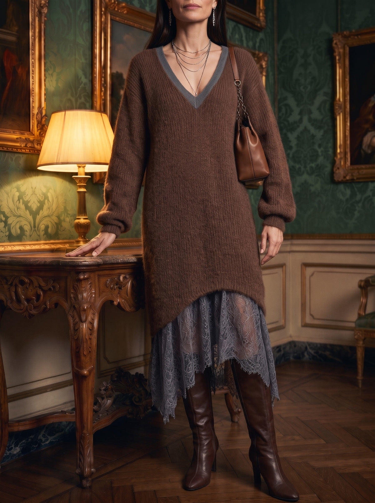 Diletta, abito midi in mohair marrone cioccolato indossato