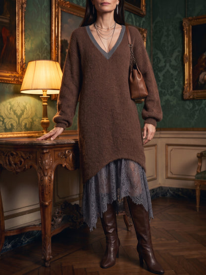 Diletta, abito midi in mohair marrone cioccolato indossato