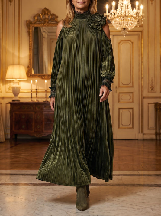 Emma, abito maxi plissettato verde oliva