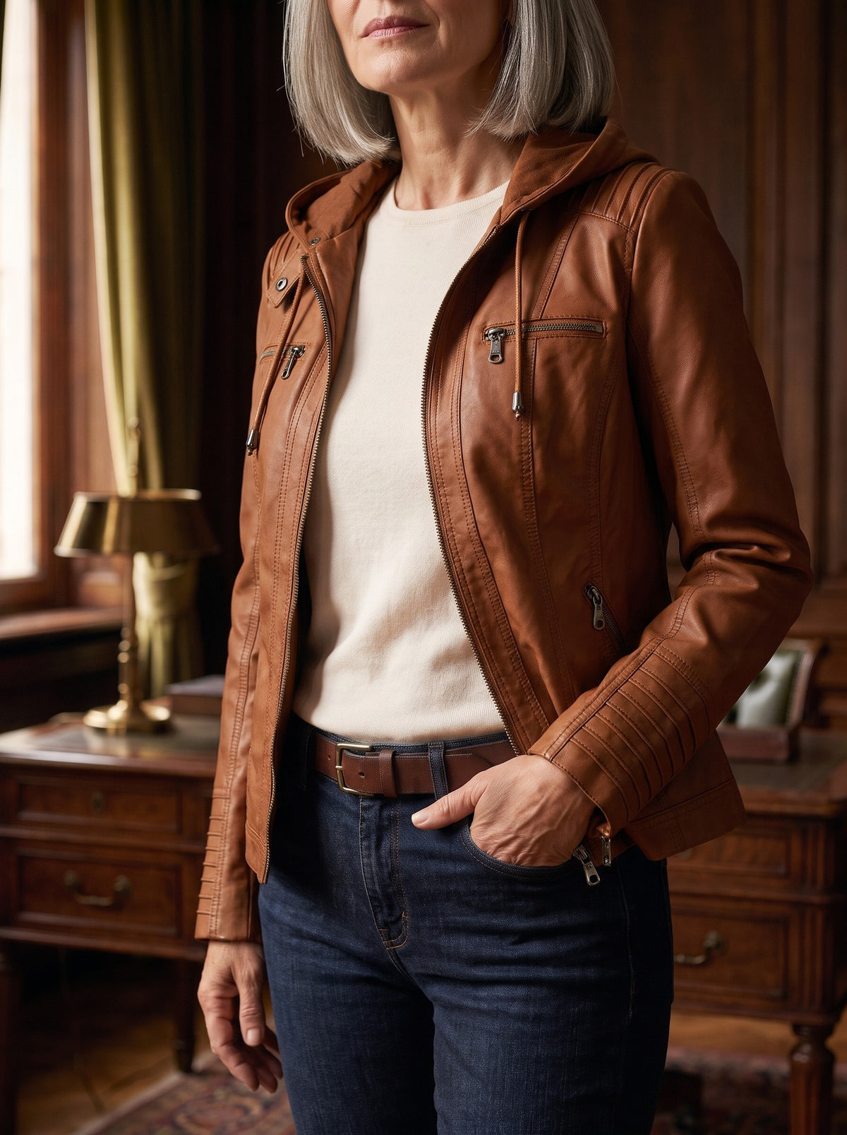 Eugenia, giacca in ecopelle color cognac