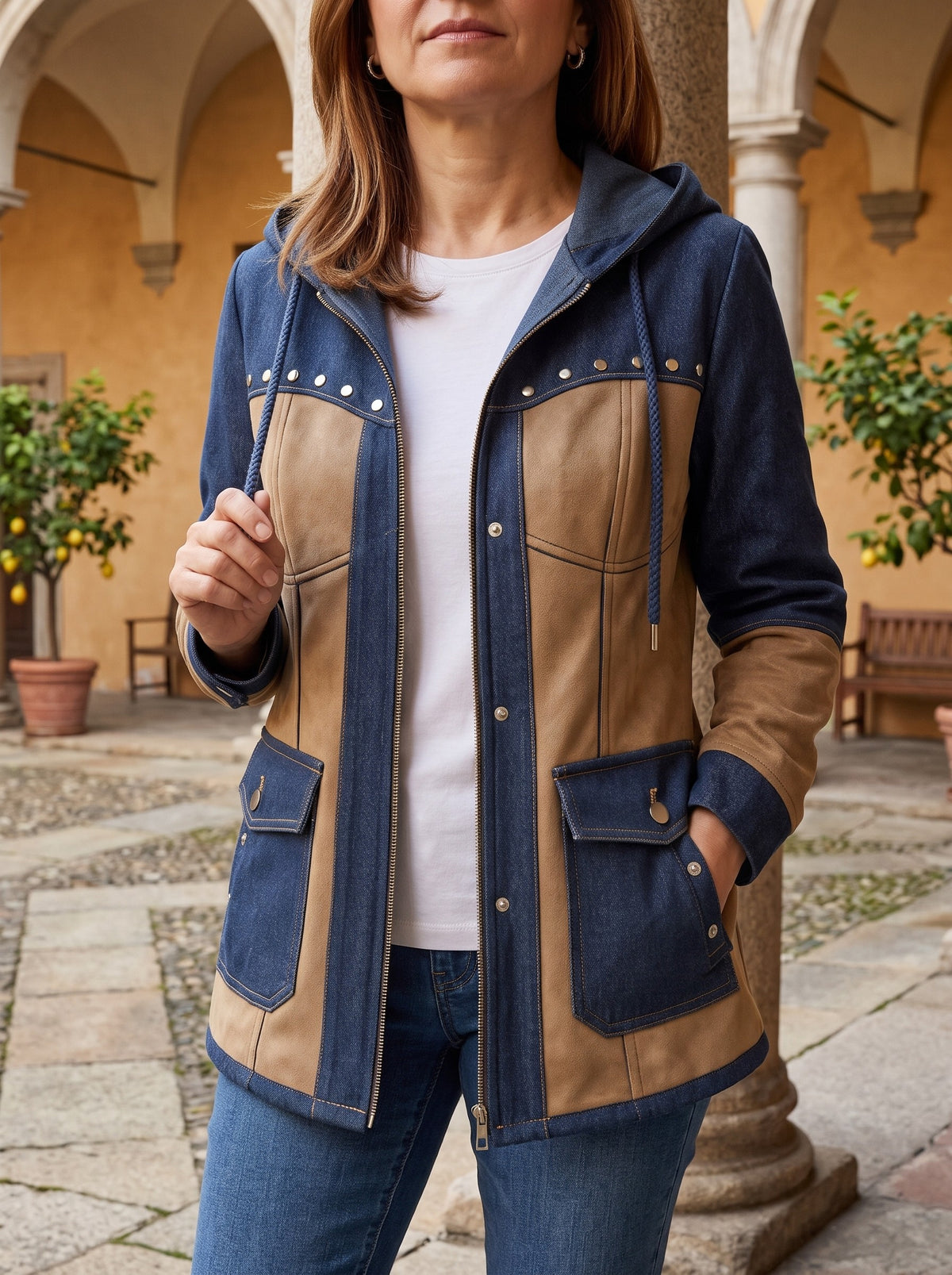 Federica, giacca con cappuccio portata aperta con jeans