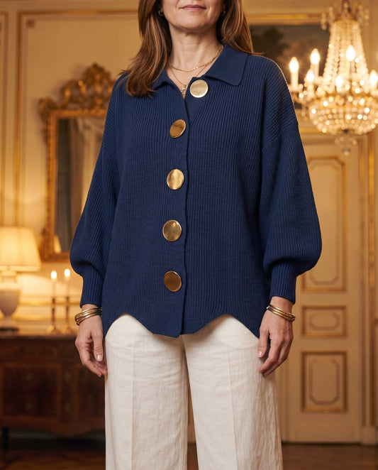Fiorella, cardigan oversize blu navy con bottoni dorati