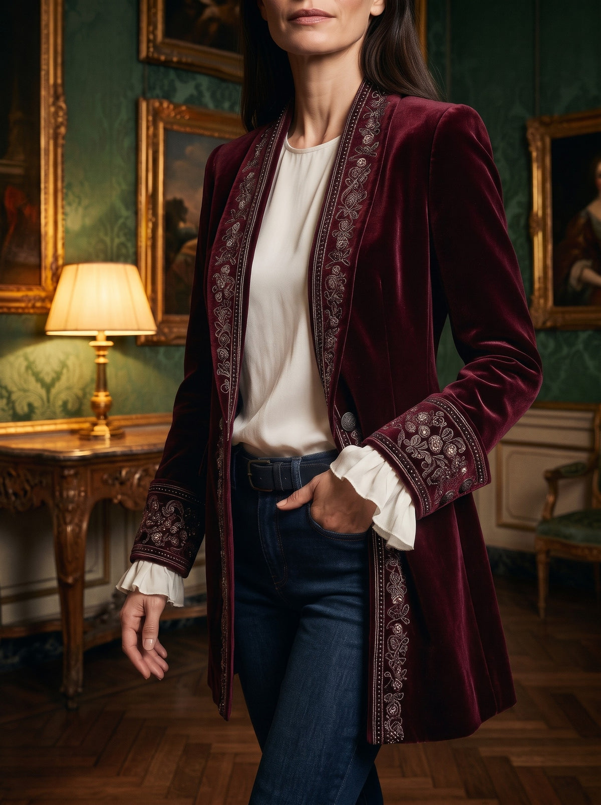 Ines, giacca in velluto bordeaux ricamato