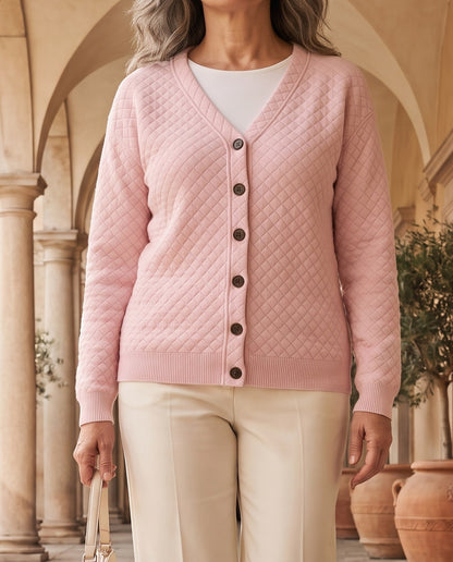 Iolanda, cardigan trapuntato rosa con bottoni