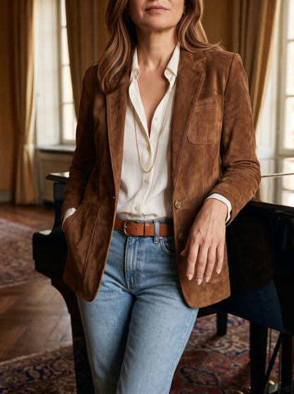 Livia, blazer in suede marrone con jeans chiari
