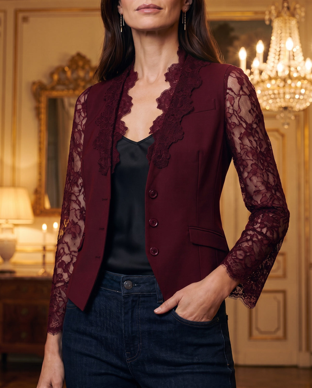 Marta, blazer bordeaux con maniche in pizzo