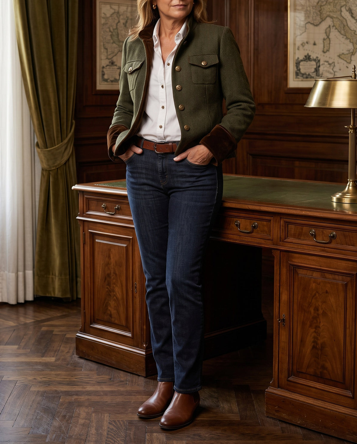 Nives, giacca aperta con jeans