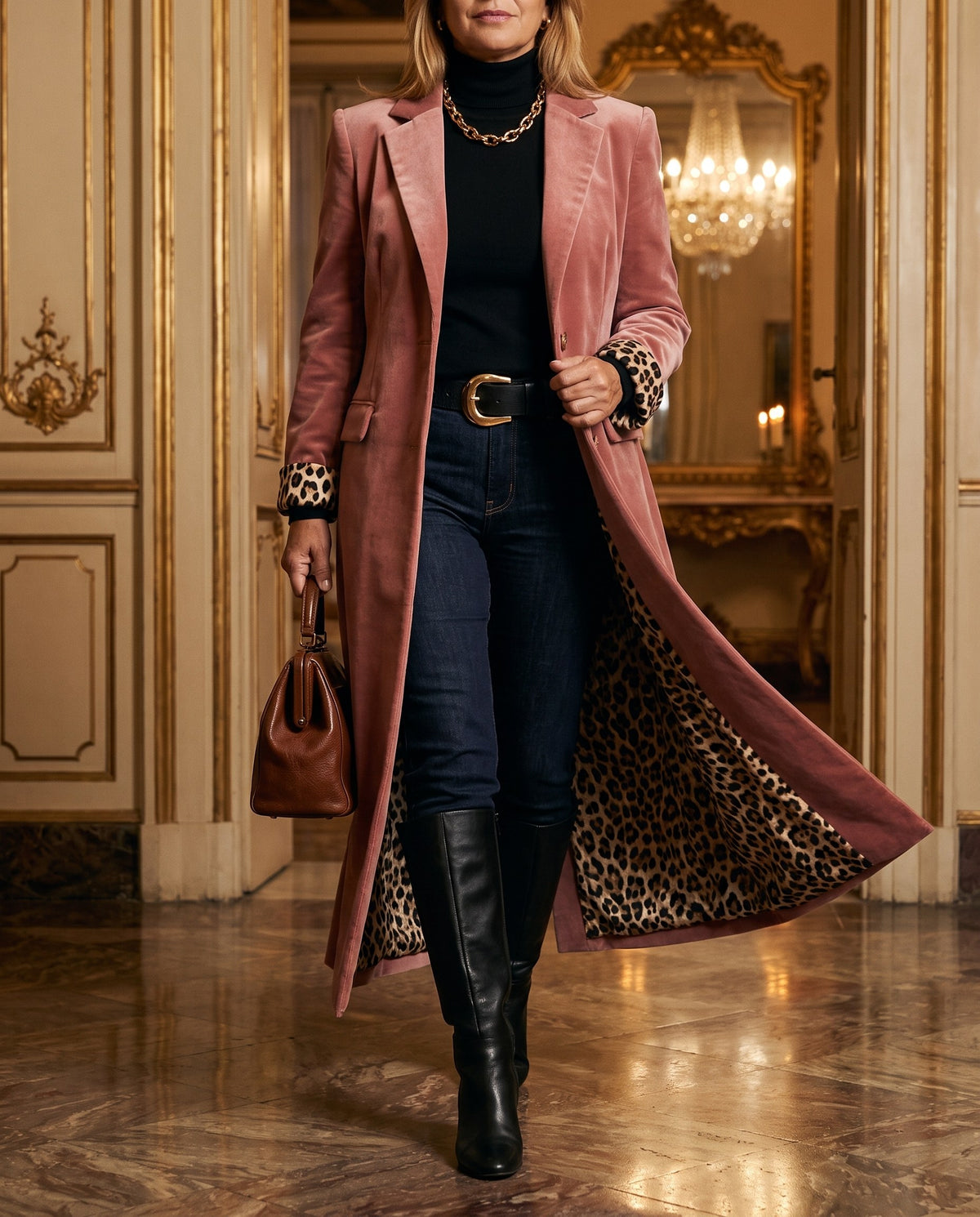 Nora, cappotto lungo rosa con dettagli leopardati