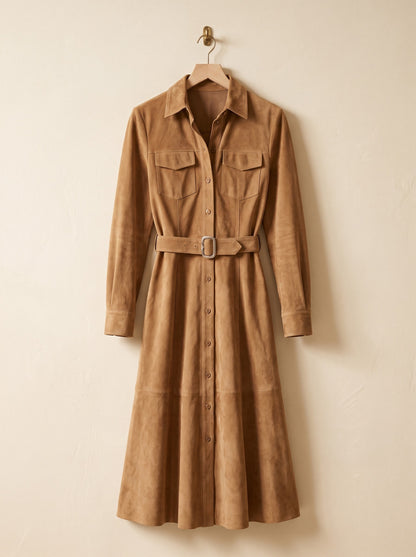 Ottavia, abito chemisier in suede marrone su gruccia