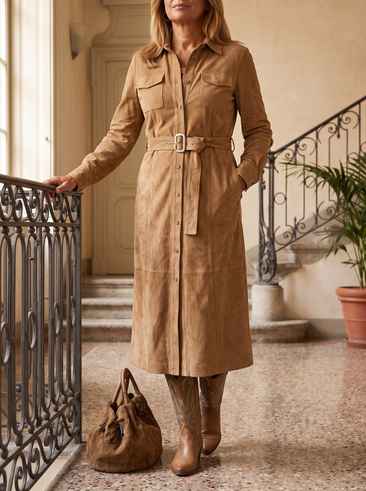 Ottavia, abito chemisier in suede marrone indossato