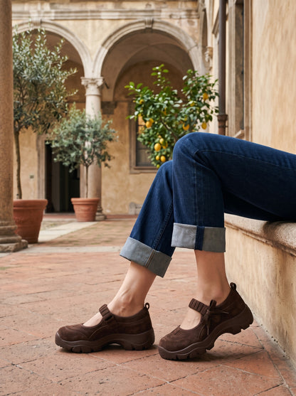 Rachele, mocassino mary jane marrone indossate
