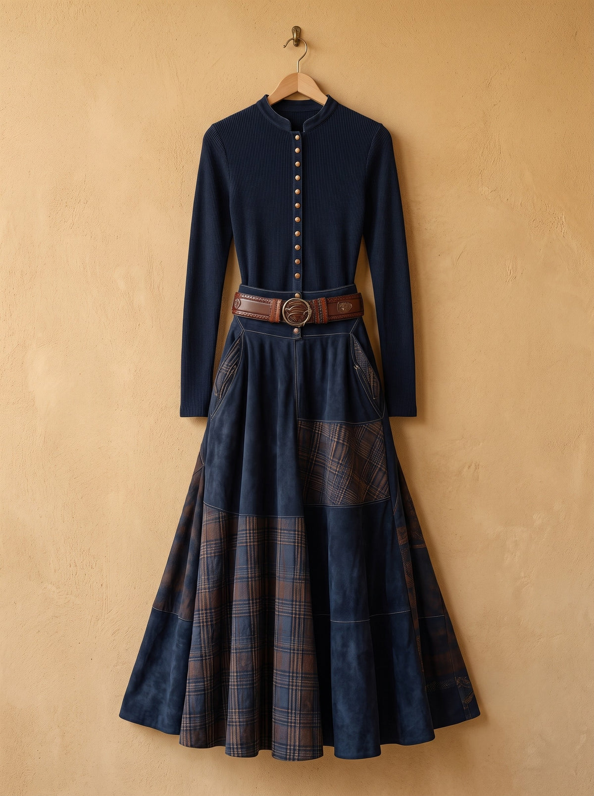 Rebecca, abito maxi blu navy con cintura su gruccia