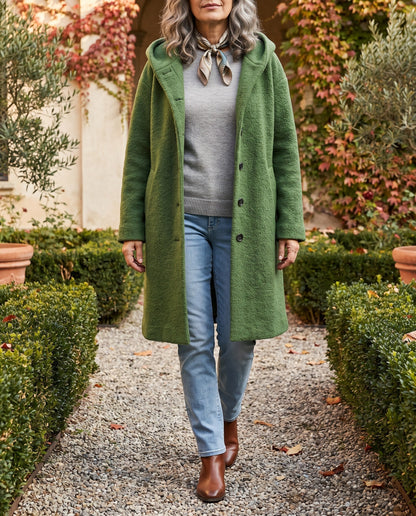 Rosanna, cappotto lungo con cappuccio verde